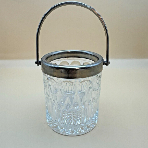 Mid Century Cut Glass Mini Ice Bucket Sugar Dish Chrome Rim and Handle 3” - Picture 2 of 5